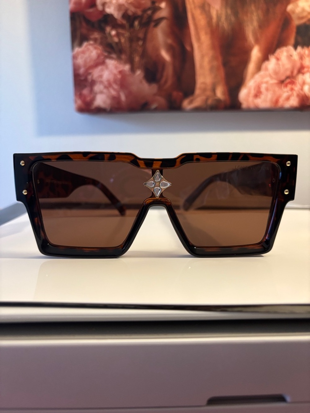 Inspired Louis Vuitton Tortoiseshell Brown Shield Sunglasses with Gold Accent